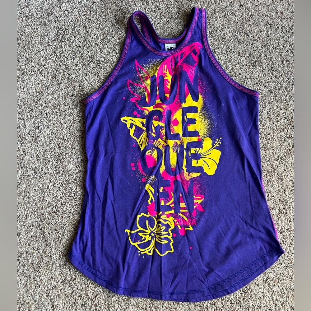 Zumba Fitness Purple Tank with Neon Pink & Yellow Graphic